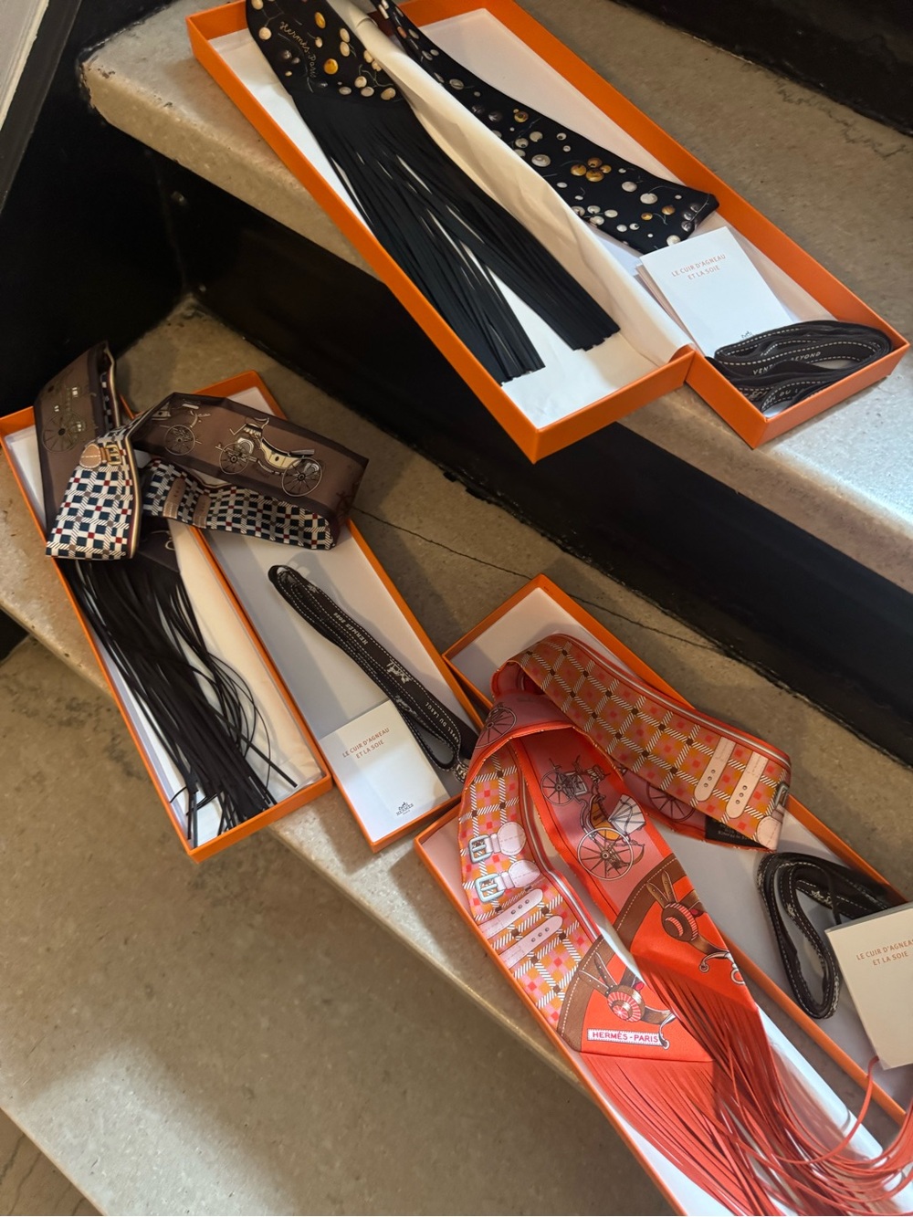 Hermes Silk & Leather Fringe Scarf Belt in Orange, Black, Brown